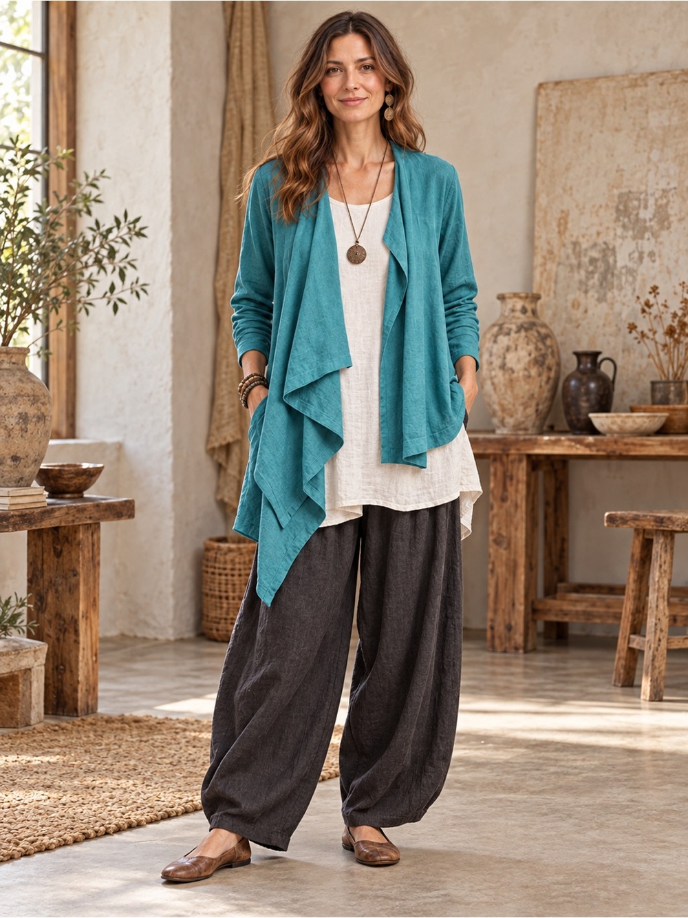 Kaliyana Teal Linen Rayon Waterfall Cardigan Kimono Jacket Size XL Lagenlook Blu
